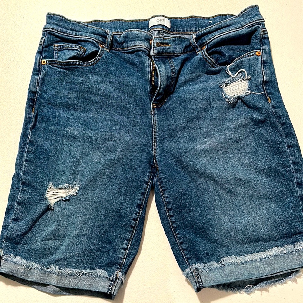 Loft size 12 long stretch denim distressed shorts w cuffed bottoms button & zip